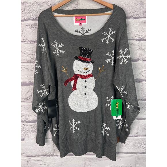 TIPSY ELVES Women's 3X Gray Sequin Snow Day Snowman Ugly Christmas Sweater NWT - Picture 2 of 9